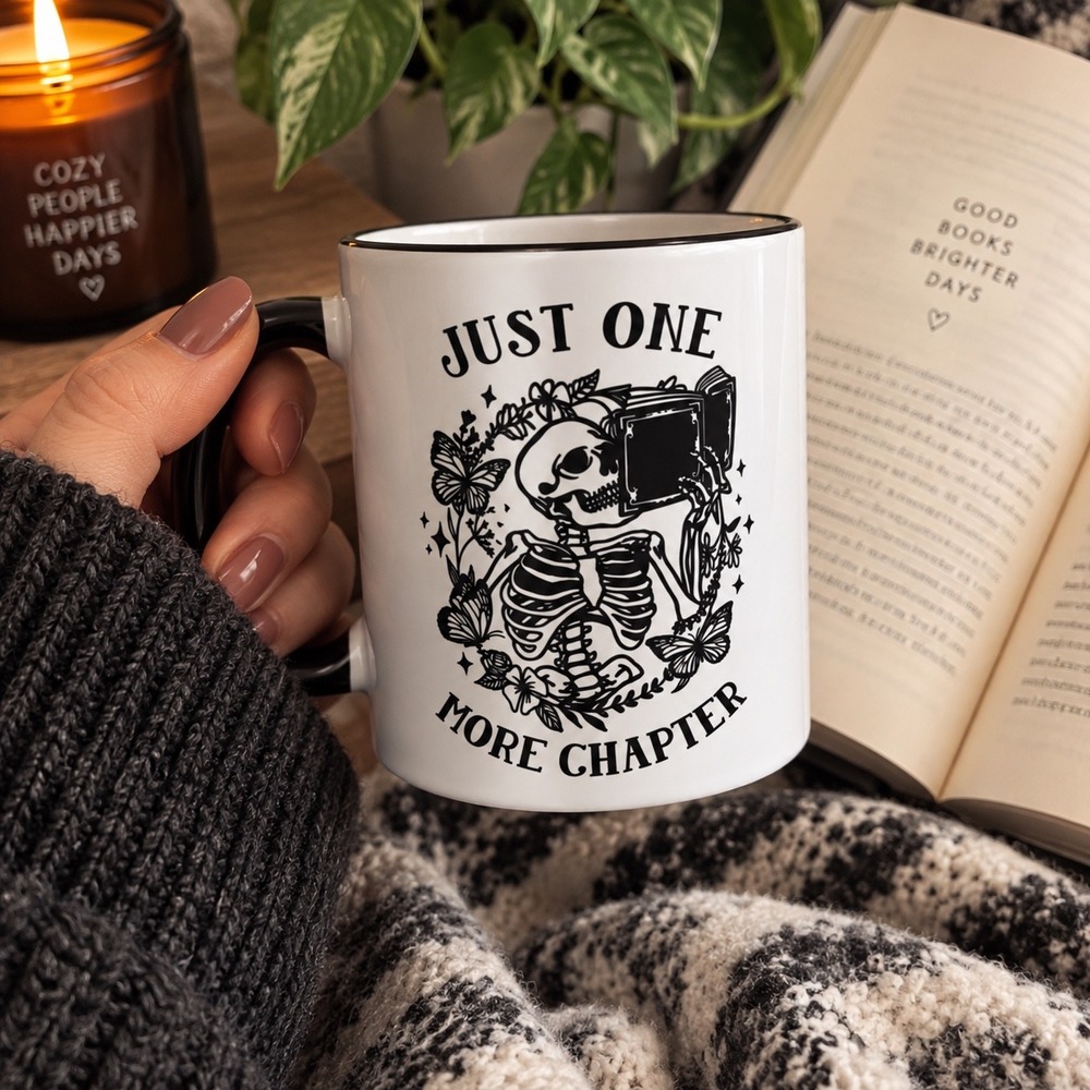 Mugsby Just One More Chapter Skeleton Book Butterfly Coffee Mug White Black